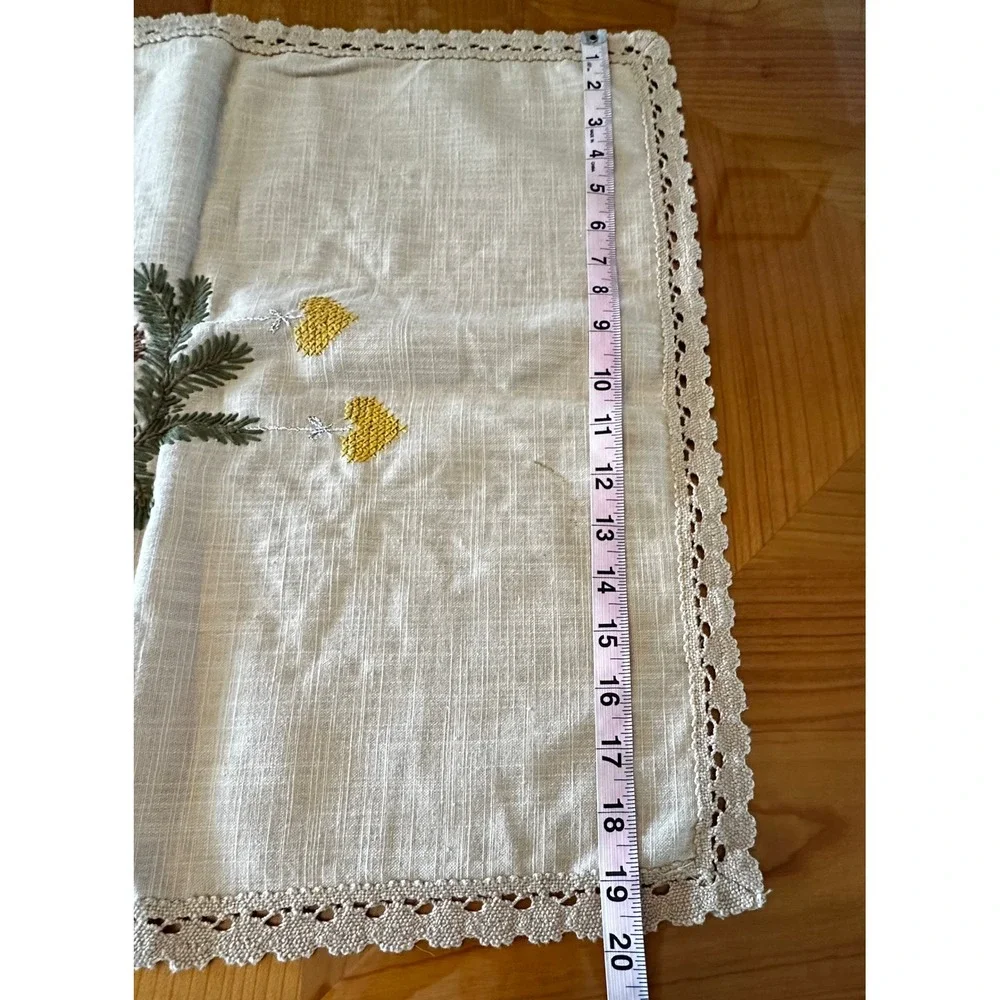 Vintage Christmas Embroidered Table Runner Lace Trim Pine Ornaments Linen